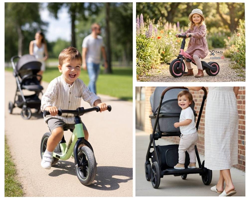 Kolaż z alternatywami dla wózka: radosne dzieci na rowerkach biegowych i dziecko na dostawce stojącej. Pomysły na aktywny spacer starszaka.